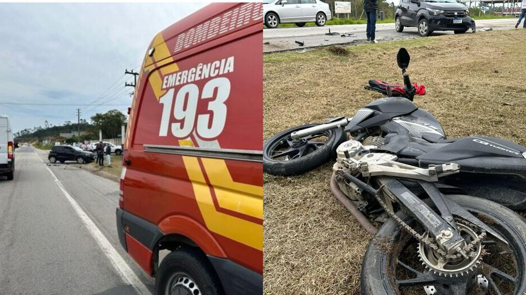 URGENTE: Grave acidente entre moto e carro na SC-410, em Canelinha