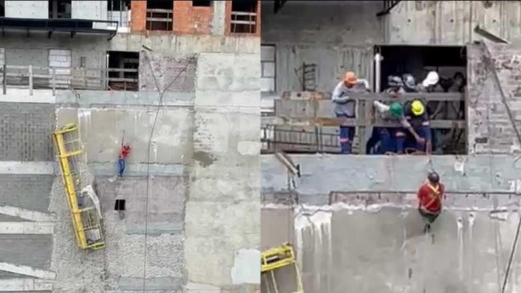 Trabalhador fica pendurado a 20 metros de altura em construção de prédio