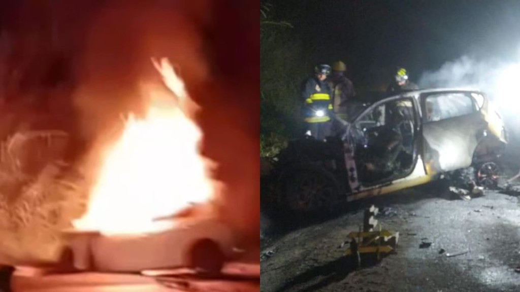 Carro incendeia após colisão com caminhão e mata dois adultos e uma criança carbonizados
