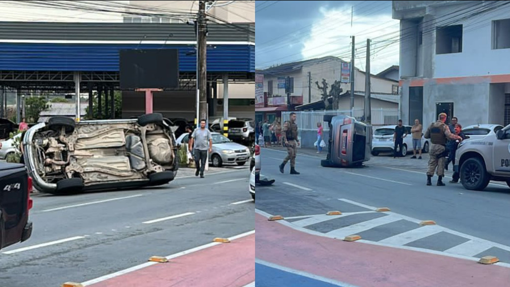 Carro capota em Penha após colidir com veículo estacionado