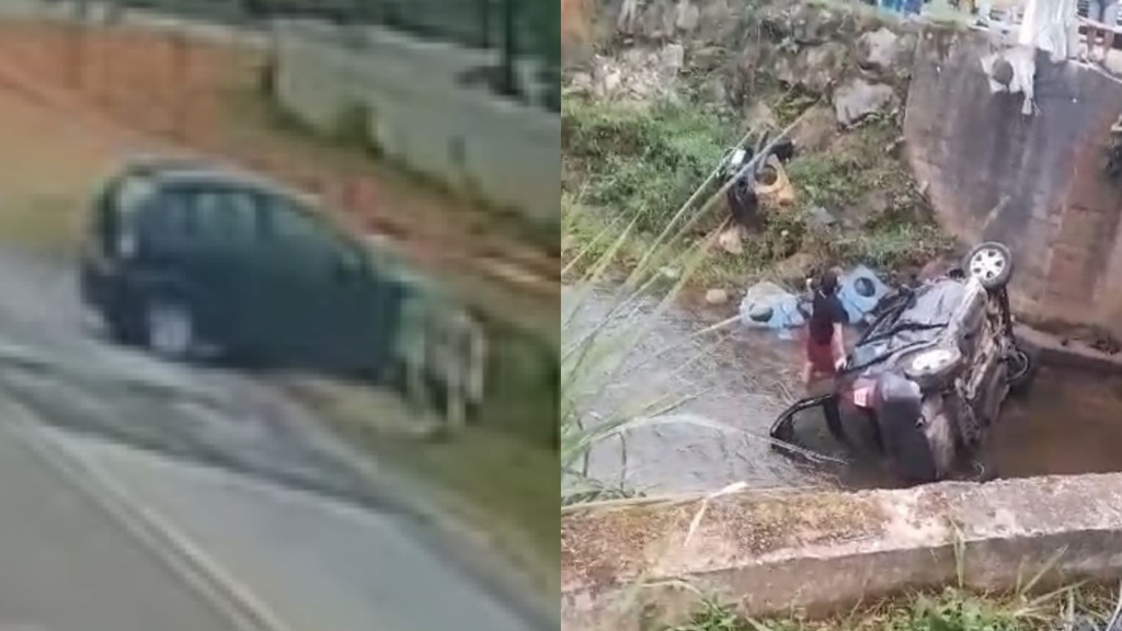 Carro bate em lateral de ponte e cai dentro de rio