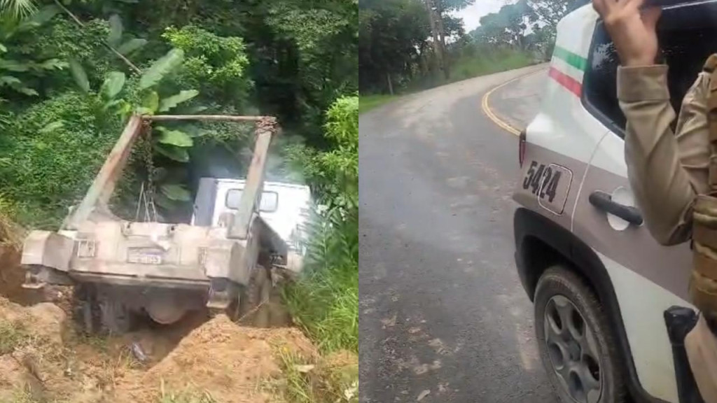 Caminhão caçamba é encontrado dentro do mato no Morro do Areal, em Itapema
