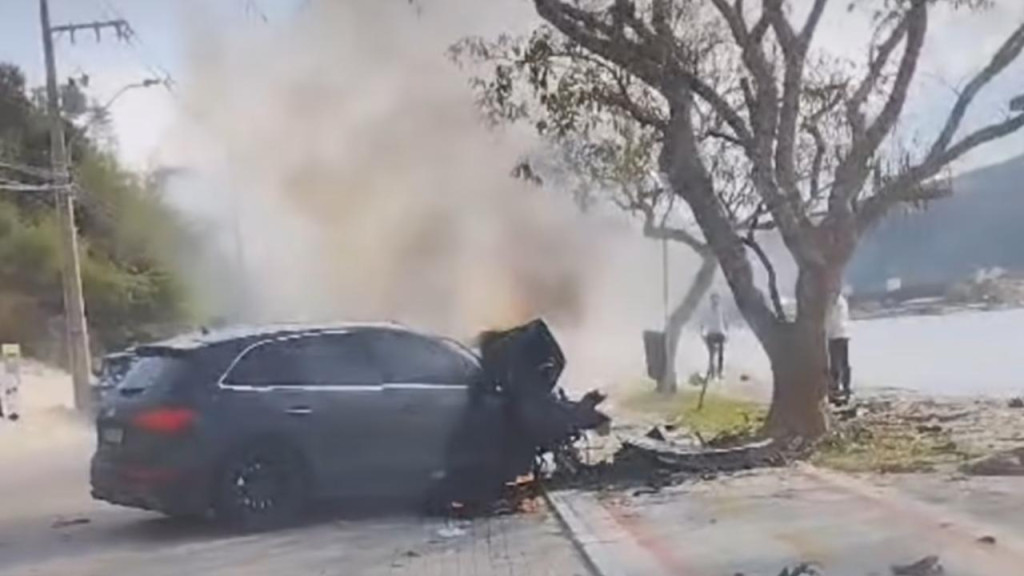 Carro de luxo pega fogo após motorista bater em árvore