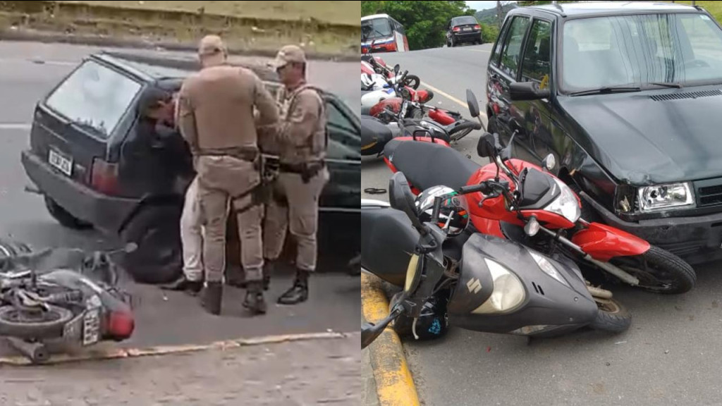 Uno escapa quase intacto após motorista fazer ‘boliche’ com 9 motos, em Penha