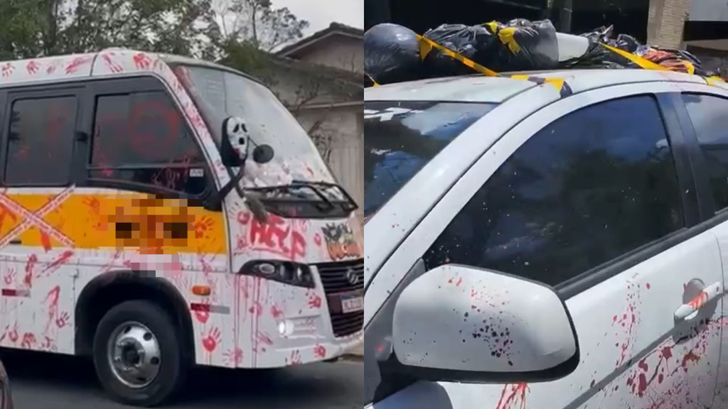 Ônibus escolar puxado pela ‘morte’ e ‘corpo’ no teto de carro marcam o Halloween em SC