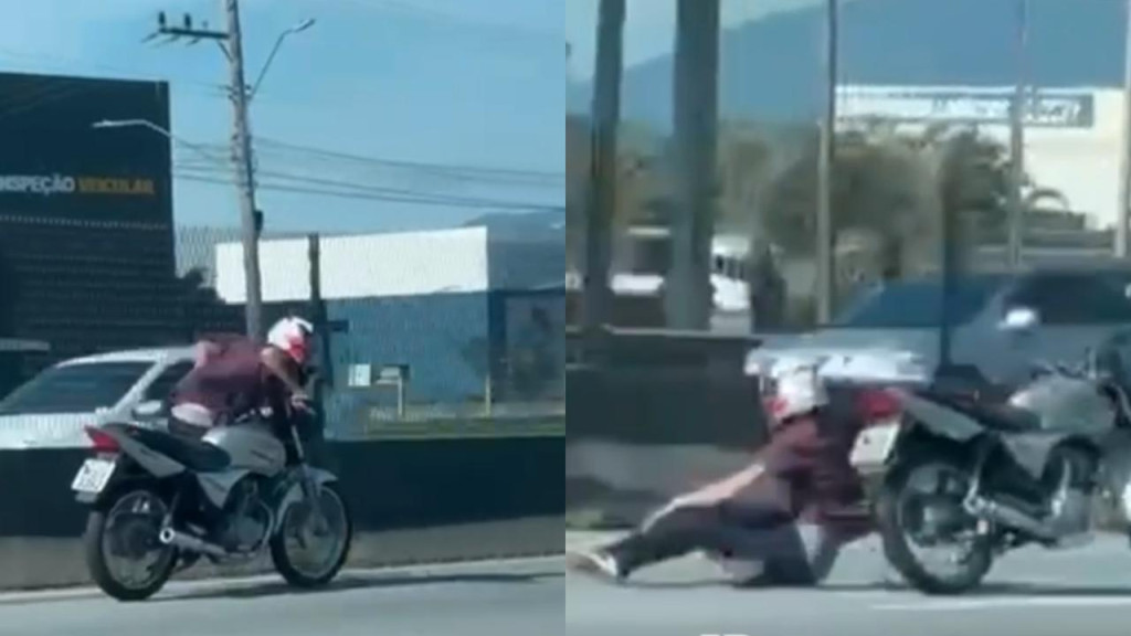 VÍDEO: Motoqueiro tenta ‘manobras complexas’ e cai com violência na BR-101