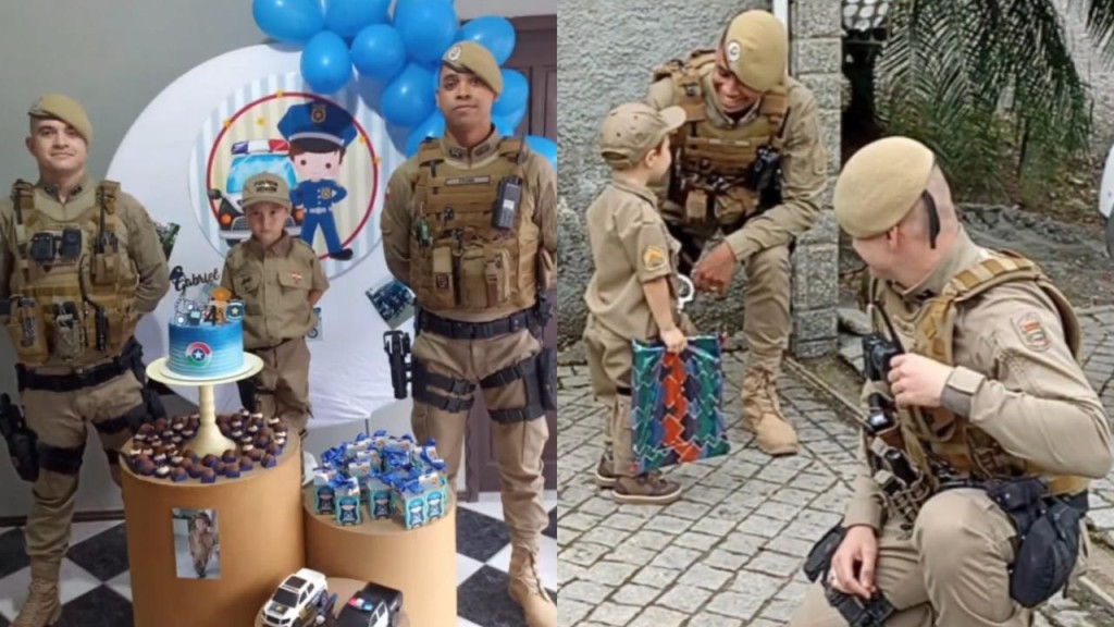 Menino de 4 anos recebe visita surpresa de policiais militares em festa de aniversário